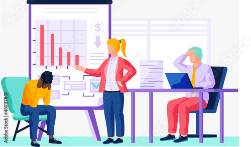 People have project strategy planning meeting. Teamwork with analysis of diagram. Colleagues discussing business problems. Businesspeople struggling with bankruptcy, declining indicators of profit