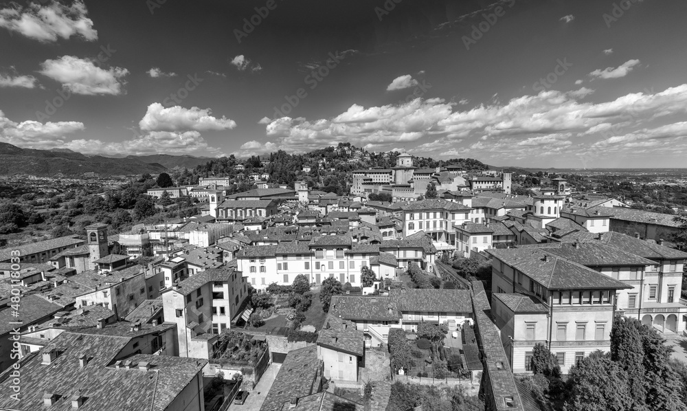 Panoramic aerial view of Bergamo Alta from city bell tower on a autumn day, Italy
