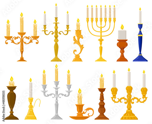 Cartoon ancient candlesticks, wax candle vintage holders. Medieval candelabra and retro candlestick vector illustration set. Candle holders interior decorations