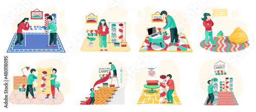Manufacture, sale of carpets and materials. People working on design of new carpet, interior shop scenes set. Designers stand near rug in room with rolled carpets, choose materials, textile factory