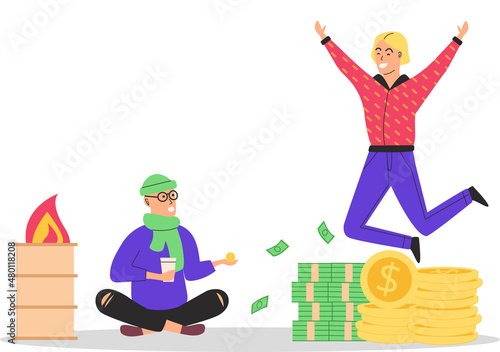 Richness and poverty concept, poor man tramp begging on street and millionaire. Man jumps enjoys wealth. Successful character has fun, rejoices in prosperity. Financial superiority, social inequality