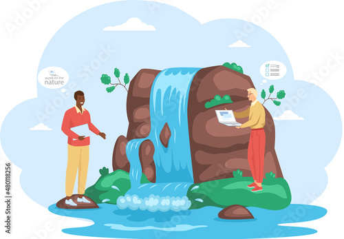 Young people working remotely on nature. Characters communicating through network on laptop. Freelance, work from anywhere in world. Woman and man plan business and solve work issues near waterfall