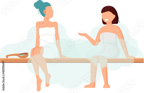 Sauna and steam room. Set of people in sauna. People relax and steam with birch brooms in traditional russian stove for female and male. Finnish bathhouse. Public sauna, Friends in spa resort
