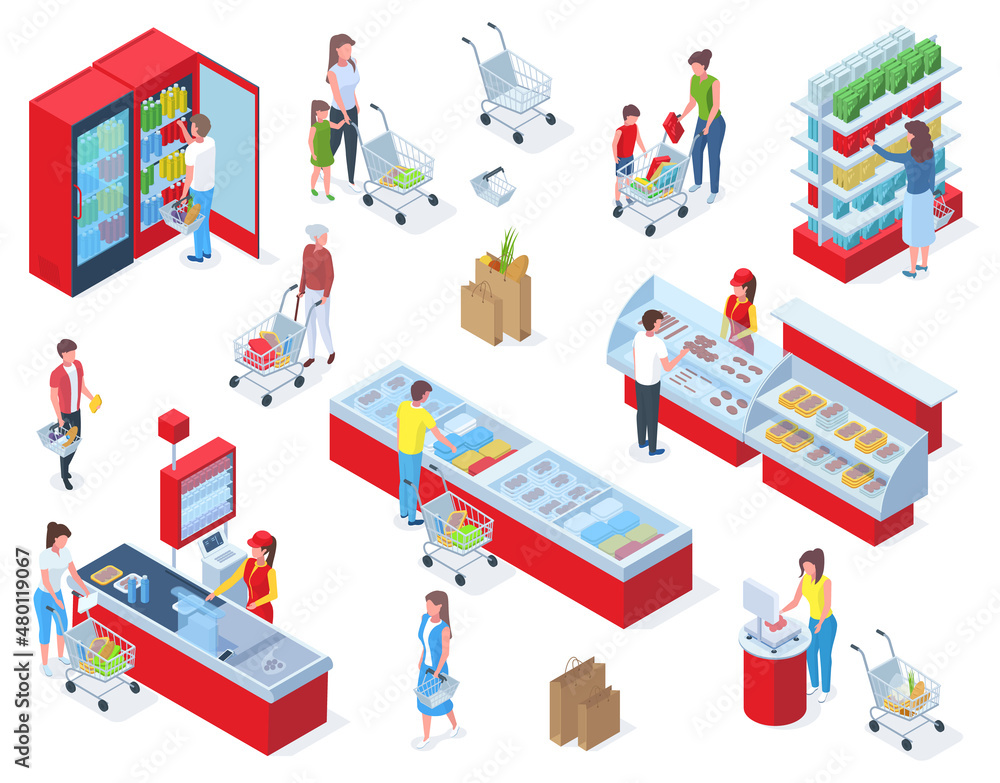 Fototapeta premium Isometric grocery shopping, people buying food in supermarket. Grocery store shopping, customers buying food in grocery market vector illustration set. Foodstuffs store