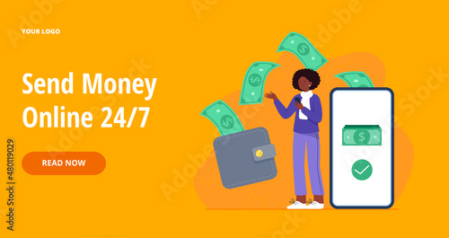 A girl transfers money to a bank account. Transfer money from a wallet to a smartphone. A woman uses their phone as an electronic wallet. Vector colorful flat illustration for banners, webpage.