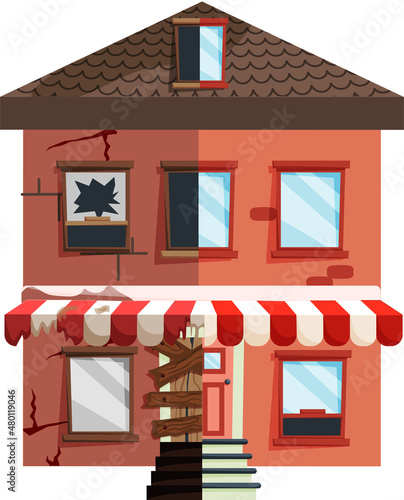 Home renovation, house before and after repair. New and old suburban cottage. Remodel construction. Old run-down house remodeled into cute traditional suburban cottage. Building maintenance service