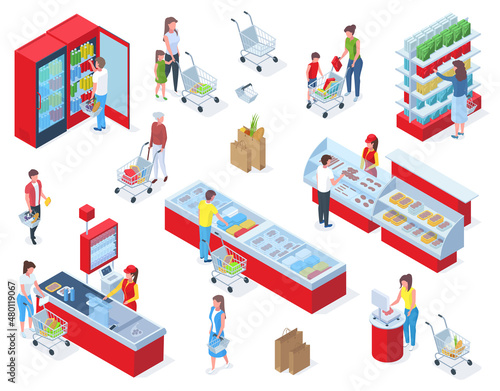 Isometric grocery shopping, people buying food in supermarket. Grocery store shopping, customers buying food in grocery market vector illustration set. Foodstuffs store