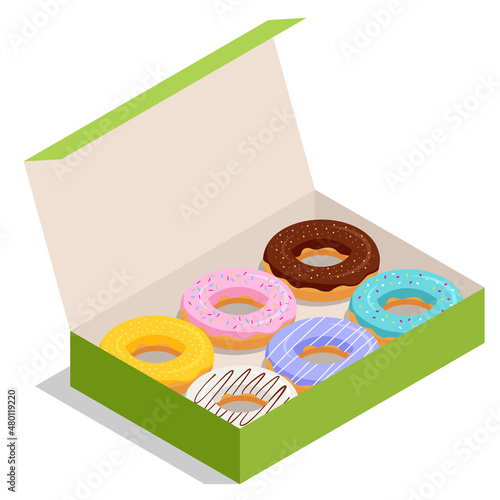 Isometric donuts with multicolored glaze in a paper box. Sweet sugar icing donuts with different types, such as sugar, chocolate or maple glazing
