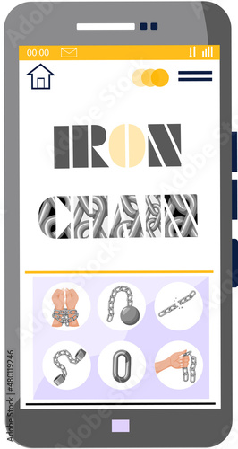 Modern internet and social networks addiction metaphor. Iron chain on smartphone screen, dominance of gadgets. Flat vector concept social media and internet nomophobia and digital detox illustration