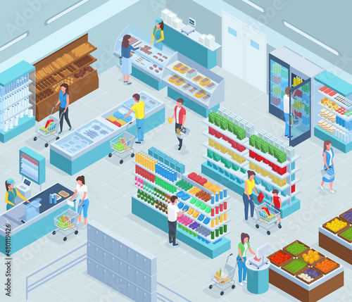 Isometric grocery market interior, supermarket showcase and checkout counter. Grocery store customers trolleys and goods shelves vector illustration. Supermarket interior
