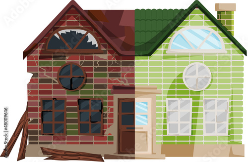 Home renovation, house before and after repair. New and old suburban cottage. Remodel construction. Old run-down house remodeled into cute traditional suburban cottage. Building maintenance service