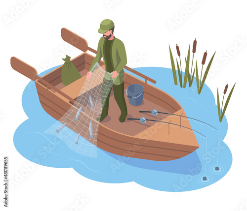 Isometric fisherman character fishing in river used fishing equipment. Fisherman catches fish using fishing equipment vector illustration. River or pond fishing