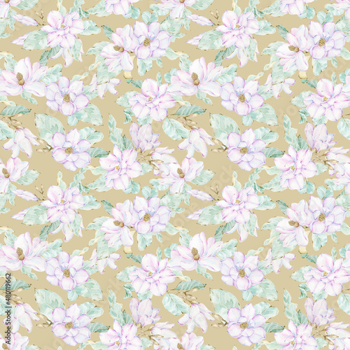 Magnolia flowers background. Watercolor spring floral seamless pattern. Elegant magnolia flowers and leaves. Watercolor style hand drawn background.