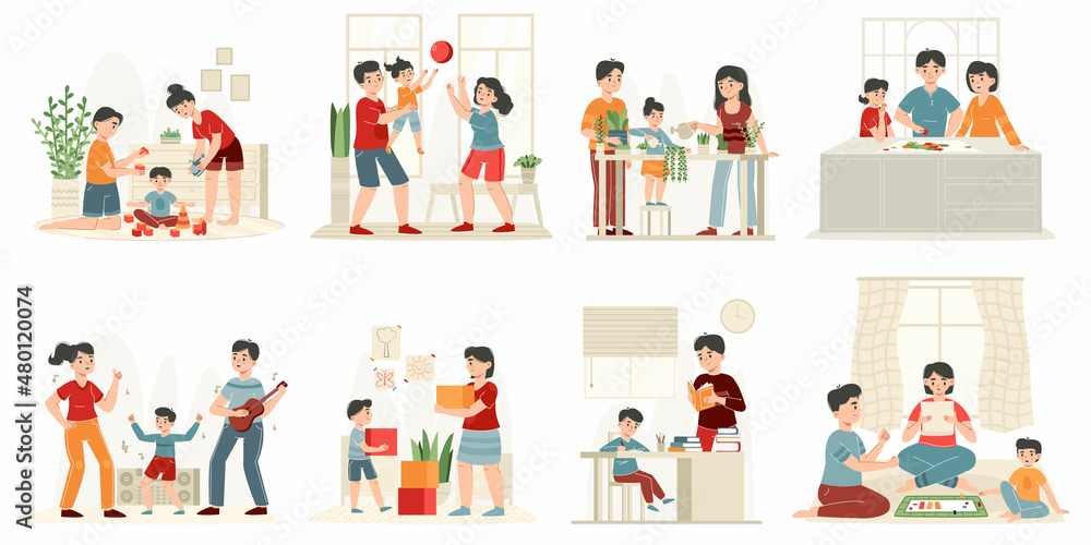 Fototapeta premium Happy families playing toys with children, parenting leisure activities. Parenting scenes, mother, father and kid play together vector illustration set. Family leisure time
