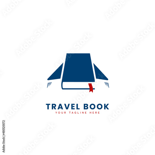 Travel book logo with fly book icon as plane with wing, traveling book note logo