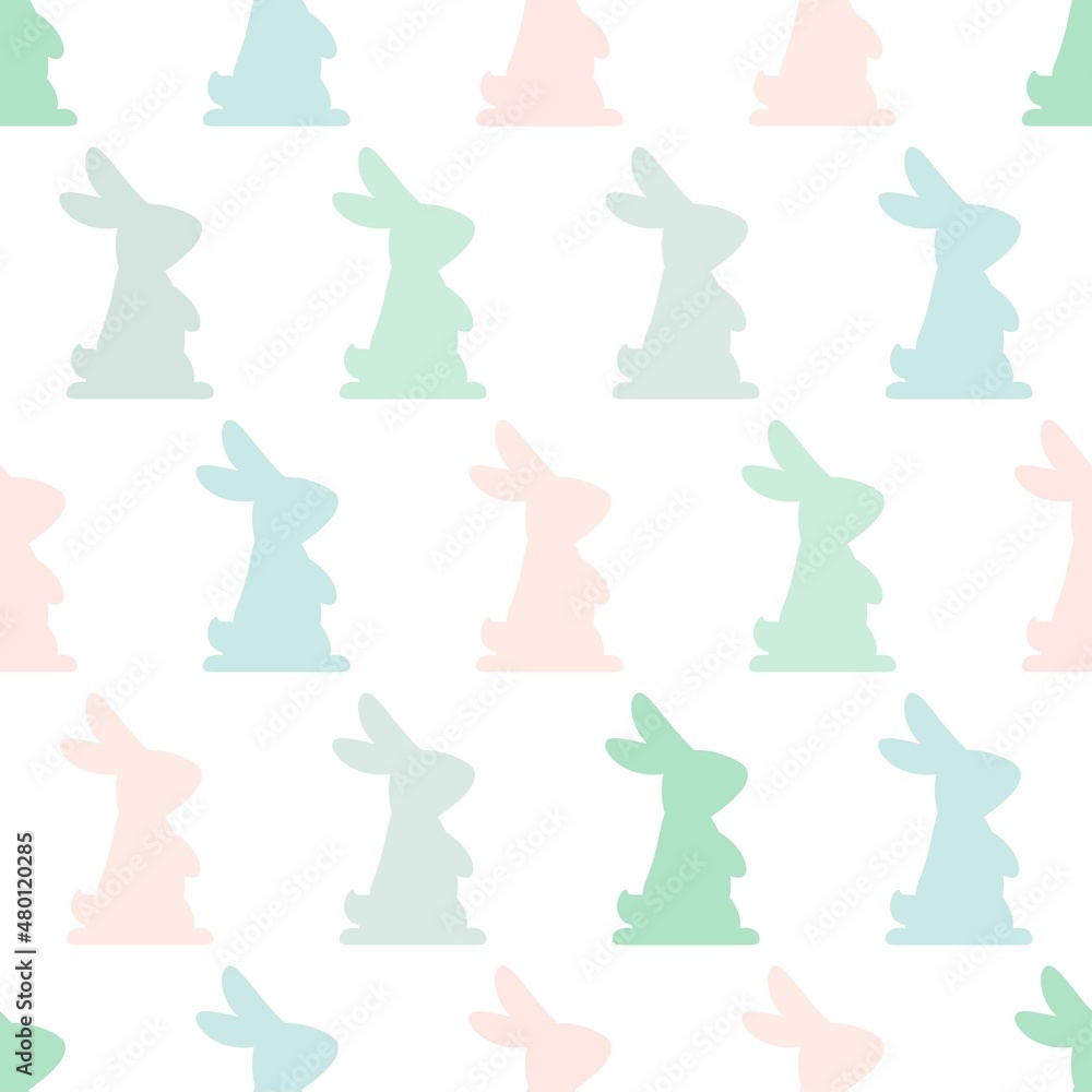 Seamless abstract pattern with Easter rabbits of different pastel colors. White background. Decorative holiday wallpaper, good for printing.