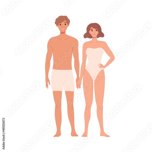 Couple in swimwear portrait. Young man and woman standing in swimsuits. Male ...