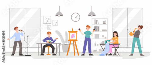 People with art, handicraft, creative hobbies in co-working space. Creative workers in coworking center, musicians and artist vector illustration. Hobby creative workflow
