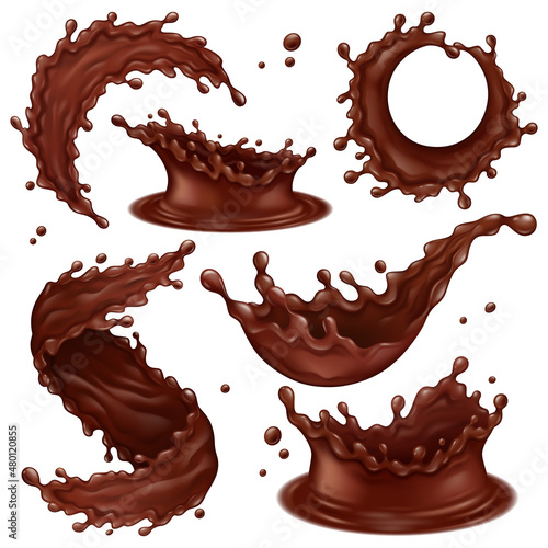 Realistic chocolate splashes, liquid hot chocolate swirls and drops. Dripping dark chocolate splashes vector illustration set. Delicious chocolate elements