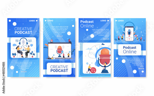 People Using Headset to Podcast Stories Template Flat Design Illustration Editable of Square Background for Social Media or Greeting Card