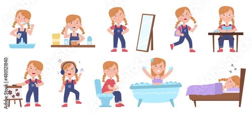 Girl daily routine, kid morning, day and evening schedule. Cute girl sleeping, eating and dressing up scenes vector illustration set. Little girl active daily routine