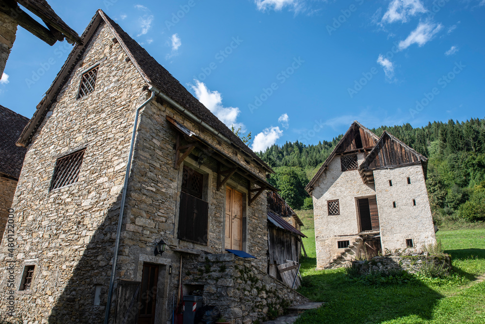 Summer in the stables of Orias in Carnia. Ancient constructions