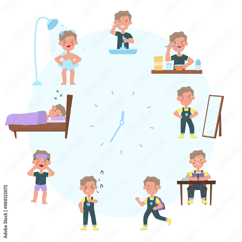 Kid daily schedule, little boy routine activities. Clock face boy sleep and wake schedule isolated vector illustration. Child daily routine Kid daily schedule, little boy routine activities. Clock face boy sleep and wake schedule isolated vector illustration. Child daily routine