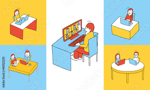 それぞれの自宅からリモートワークで参画するプロジェクトチームのイラスト