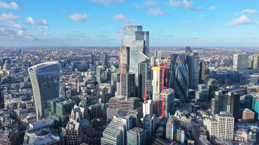 Aerial drone photo of iconic skyline in financial area of City of London as seen at Christmas time, United Kingdom
