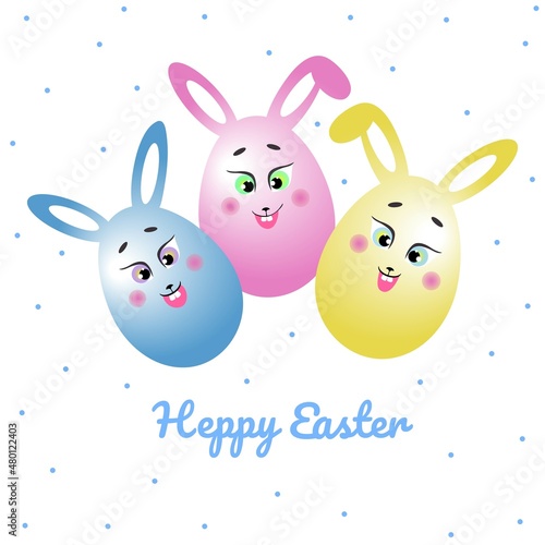 Easter eggs. Easter bunnies. Happy easter. Postcard, banner. Smiling rabbits. Cute cartoon character.  For holiday products. Vector illustration.	