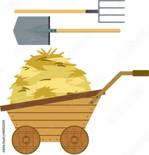 Household car. Garden wheelbarrow filled with hay, grass. Garden tools.