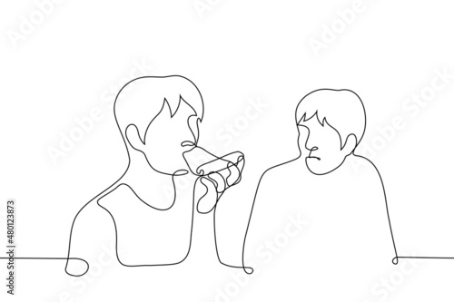 man eating pizza and another looking at him with envy - one line drawing vector. concept of being tempted by food, being tormented by dieting, being jealous or disappointed that someone is eating