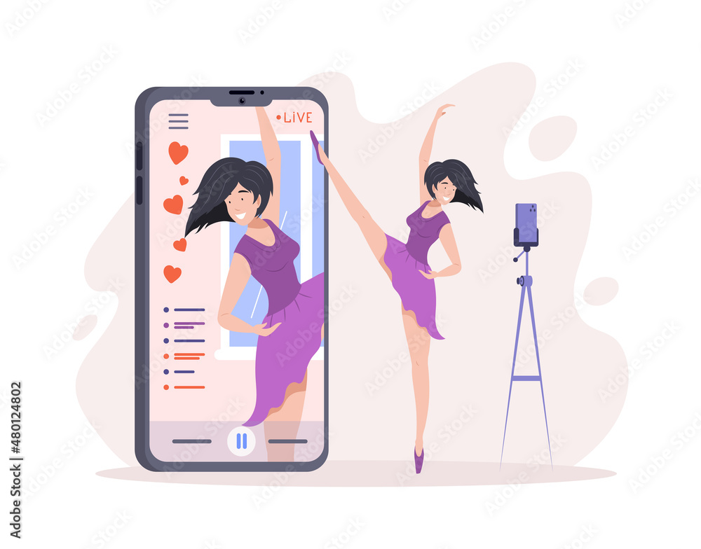 Woman ballerina blogger broadcast smartphone screen. Dance teacher or  choreographer live streaming Stock Vector | Adobe Stock