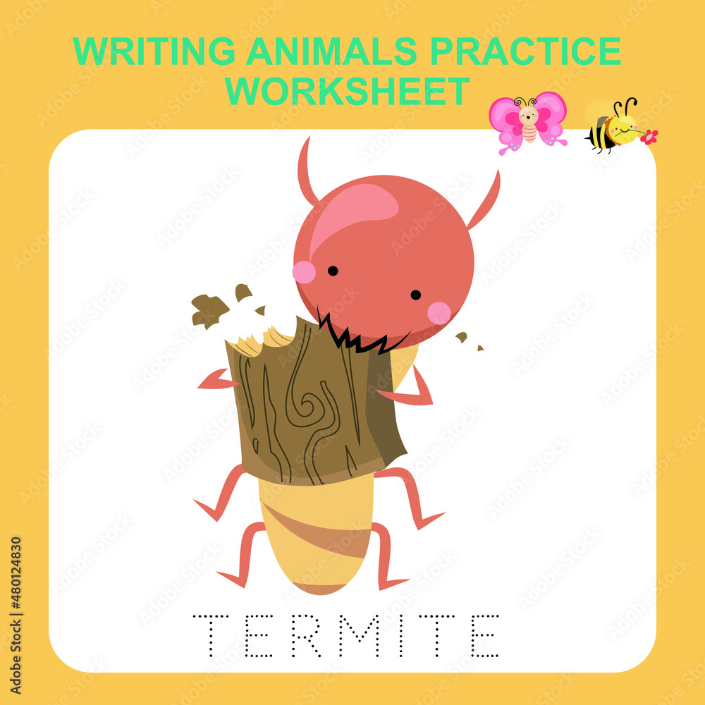 Obraz premium Illustration of writing insect practice worksheet. Educational printable worksheet. Exercises lettering game for kids. Vector illustration.