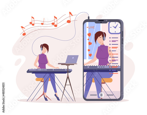 Female art musician video blogger playing melody on piano synthesizer internet broadcast content