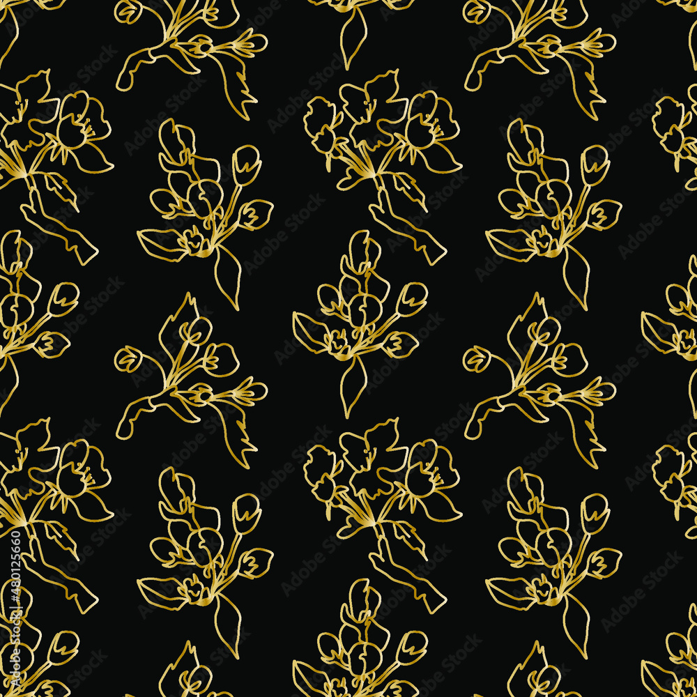 Seamless vector pattern with golden cherry blossoms on a black background. Simple, abstract print with spring flowers in doodle style. Design for textile, packaging, fabric, wrapping paper, scrapbook Seamless vector pattern with golden cherry blossoms on a black background. Simple, abstract print with spring flowers in doodle style. Design for textile, packaging, fabric, wrapping paper, scrapbook