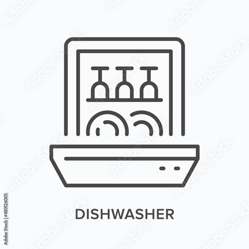 Dish washer flat line icon. Vector outline illustration of tableware washing machine. Black thin linear pictogram for kitchenware equipment