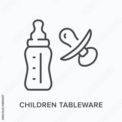 Children tableware flat line icon. Vector outline illustration of baby bottle and pacifier. Black thin linear pictogram for toddler plastic food utensil
