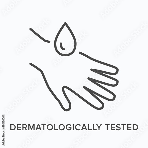 Dermatologically tested flat line icon. Vector outline illustration of human hand and drop. Black thin linear pictogram for skincare product photo