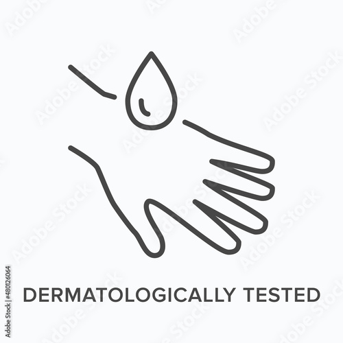 Dermatologically tested flat line icon. Vector outline illustration of human hand and drop. Black thin linear pictogram for skincare product