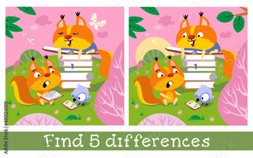 Cute squirrels are reading in spring meadow. Find 5 differences. Game for children. Hand drawn full color children illustration. Vector flat cartoon picture.