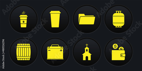 Set Wooden barrel, Propane gas tank, Car battery, Church building, Folder and Coffee cup icon. Vector