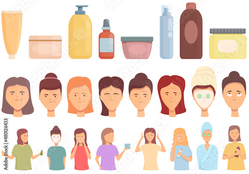 Anti-aging cosmetics icons set cartoon vector. Face beauty. Facial treatment