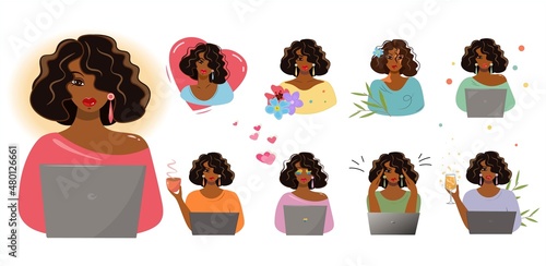 A set of portraits of African American women. Icons of cartoon girls at work, study, at home, during leisure and holidays. Vector for the holidays Women's Day, March 8, Mother's Day, Valentine's Day.
