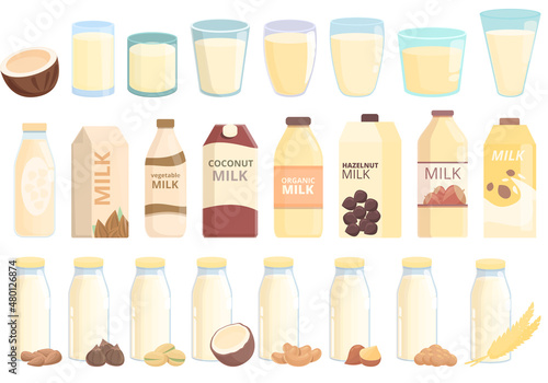 Vegetable milk icons set cartoon vector. Almond soy. Coconut soya