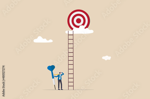 Dream big aim high, ambition and challenge to success in business, motivation to achieve big goal or target, career development concept, ambitious businessman hold dart aim high at target on the cloud photo