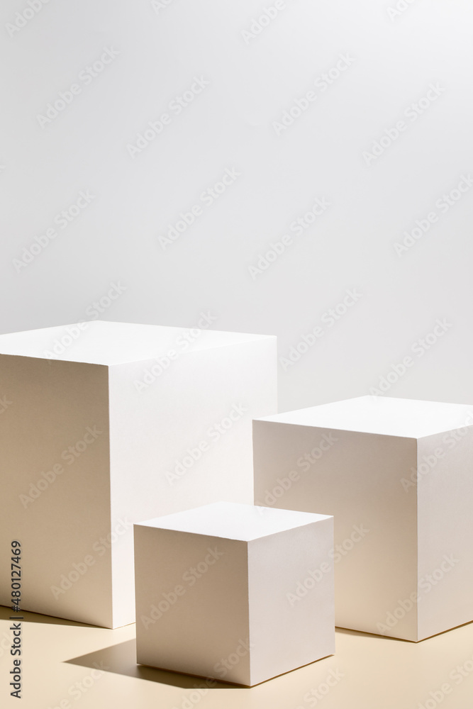 Abstract minimal scene - empty stage with three white rectangle podiums ...