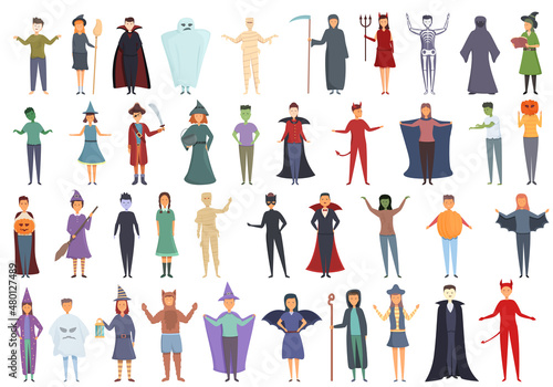 Halloween costume icons set cartoon vector. Kid mummy. Cute witch