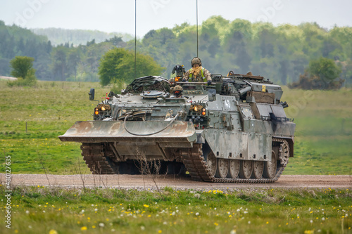 close up of a British Army Challenger 2 Tank Armored Repair and Recovery Vehicle (CRARRV) on a military training exercise, salisbury plain wiltshire UK