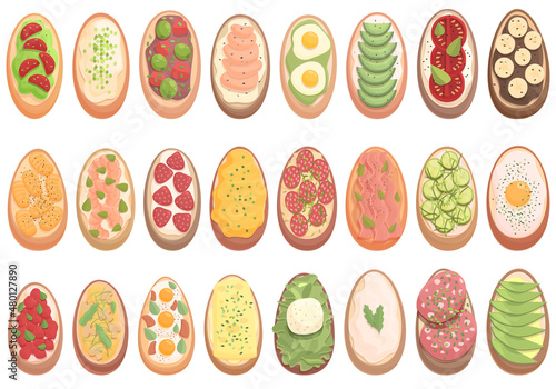 Bruschetta icons set cartoon vector. Food cheese. Cooking dish